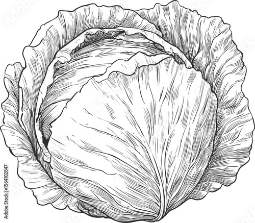 Detailed black and white line drawing of a cabbage with intricate leaf patterns. Vector illustration in sketch style