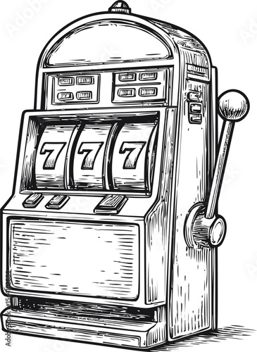 Vintage sketch of a slot machine showing three sevens in black and white. Vector illustration