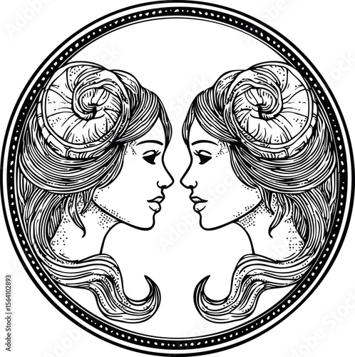 Zodiac twins with intricate hairstyles black and white, digital drawing. Vector illustration in sketch style