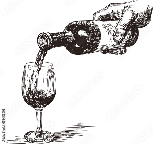 Hand pouring wine from bottle into glass with elegant sketch style. Vector illustration
