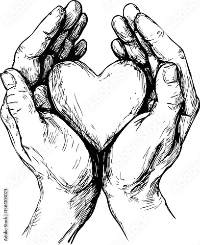 Hands gently holding a heart in black and white ink drawing. Vector illustration in sketch style