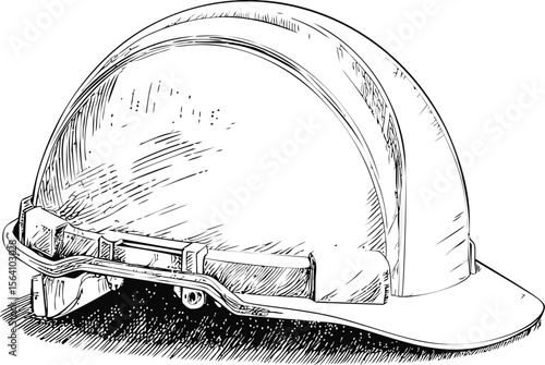 Black and white illustration of a construction hard hat. Vector illustration in sketch style