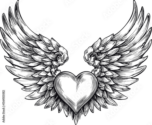 Intricate black and white heart with angel wings design, tattoo. Vector illustration in sketch style