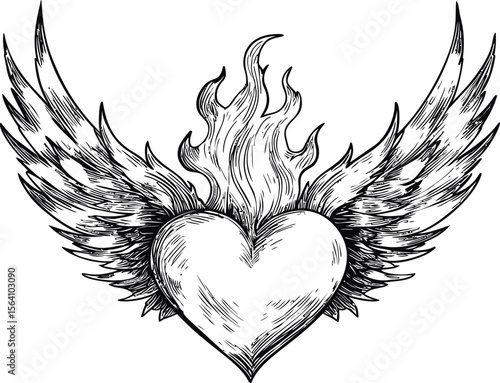 Flaming heart with wings sketched in black and white. Vector illustration