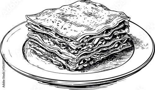 Black and white sketch of a lasagna on a plate, traditional Italian dish. Vector illustration