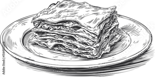 Detailed black and white sketch of lasagna on a plate, food concept. Vector illustration