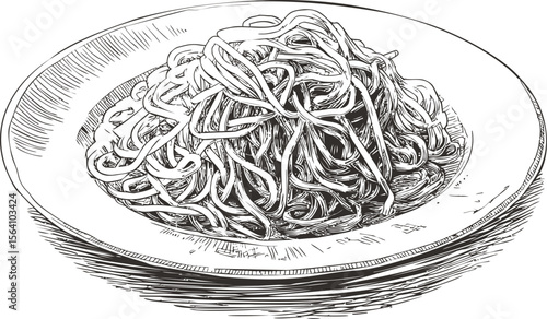 Detailed line drawing of spaghetti on a plate, illustrating intricate pasta details. Vector illustration in sketch style