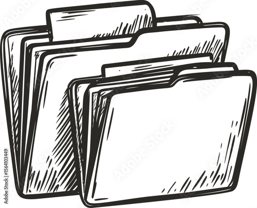 Illustration of three black and white hand-drawn file folders. Vector illustration in sketch style