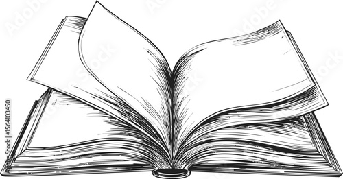 Sketch of an open book with flipping pages in black and white. Vector illustration