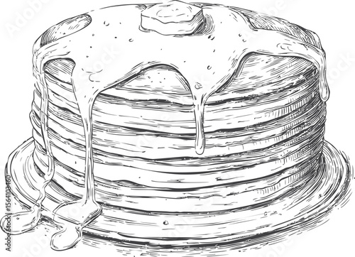 Stack of pancakes with syrup and butter in detailed line art. Vector illustration in sketch style