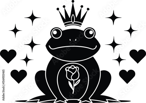 Enchanted Frog Prince with Crown and Rose A Whimsical Design Embodying Fairytale Romance and Magical Transformation Silhouette Vector Illustration
