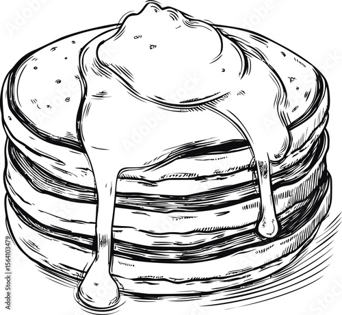 Stack of pancakes with syrup in monochrome, vintage style drawing. Vector illustration in sketch style
