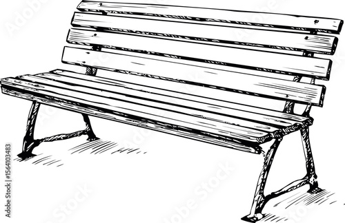 Wooden park bench with cast iron legs in black and white sketch. Vector illustration