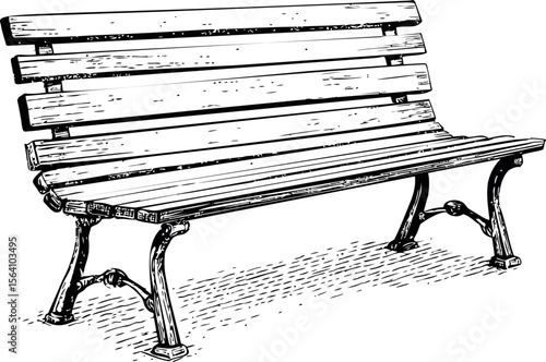 Illustration of a classic wooden park bench in black and white sketch style. Vector illustration