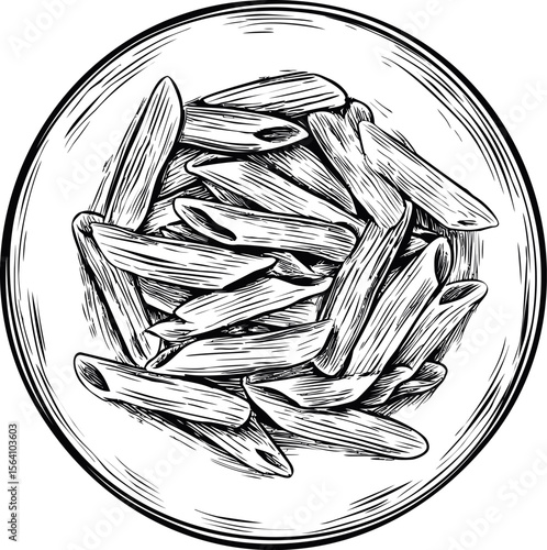 Hand-drawn penne pasta in a bowl, black and white, culinary art. Vector illustration in sketch style