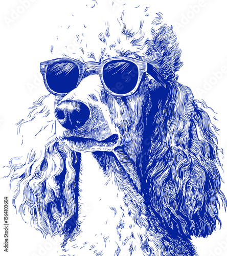 Hand-drawn poodle wearing sunglasses in blue monochrome sketch style. Vector illustration