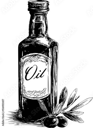 Illustration of olive oil bottle with olives and leaves in black and white. Vector illustration in sketch style