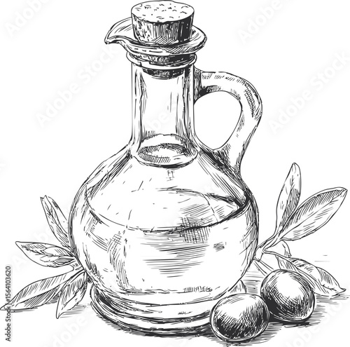 Illustration of an olive oil bottle with olives and leaves, black and white sketch. Vector illustration