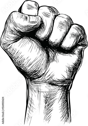 Detailed sketch of a raised clenched fist symbolizing strength and solidarity. Vector illustration