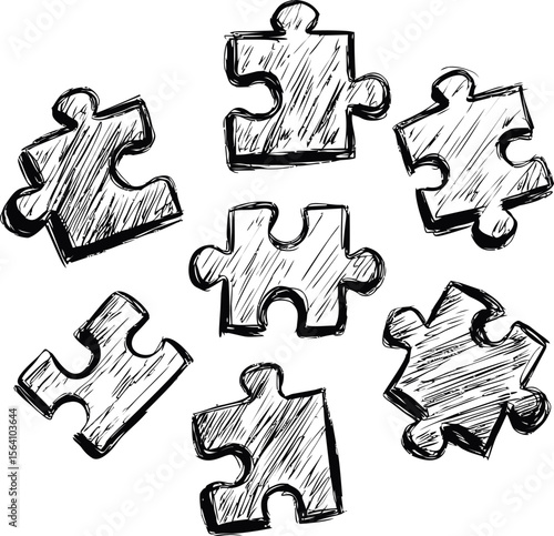 Hand-drawn black and white jigsaw puzzle pieces floating sketch style. Vector illustration