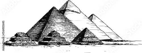 Black and white illustration of egyptian pyramids with desert landscape. Vector illustration in sketch style