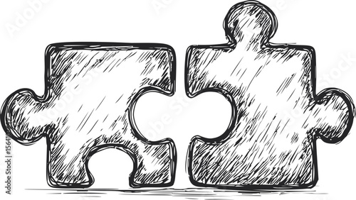 Sketch of two interlocking puzzle pieces in monochrome, concept of connection. Vector illustration