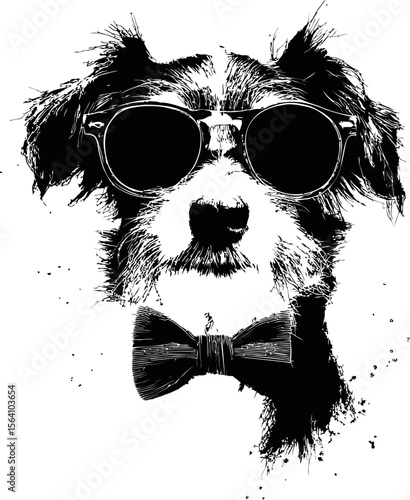 Stylized black and white dog portrait with glasses and bow tie. Vector illustration in sketch style
