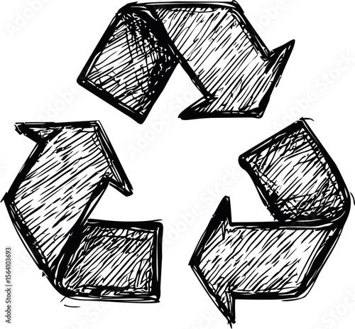 Black and white sketched recycling symbol, icon of rotating arrows. Vector illustration