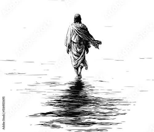 Jesus walking on water in black and white sketch, religious concept. Vector illustration