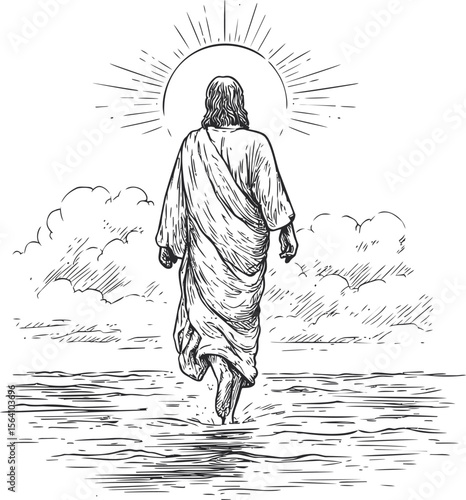 Jesus walking on water with radiant sun and clouds, line art. Vector illustration in sketch style