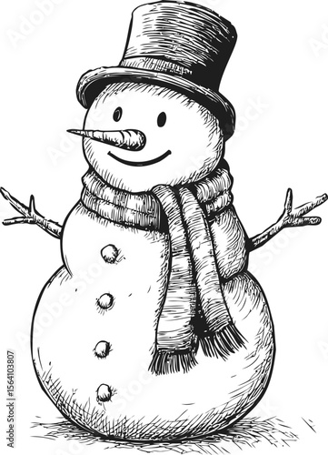 Smiling snowman with top hat and scarf in black and white. Vector illustration in sketch style