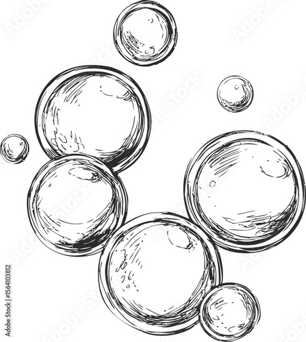 Illustration of black and white soap bubbles in sketch style, artistic doodle. Vector illustration