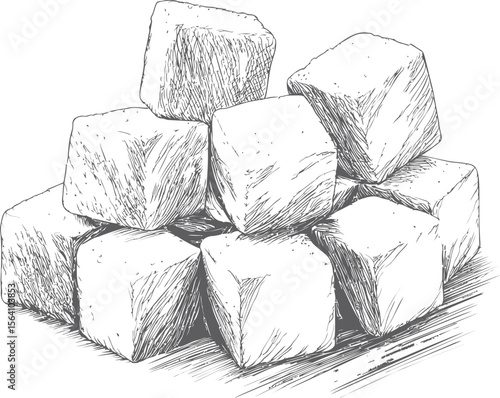 Detailed sketch of a pile of rough sugar cubes in monochrome composition. Vector illustration