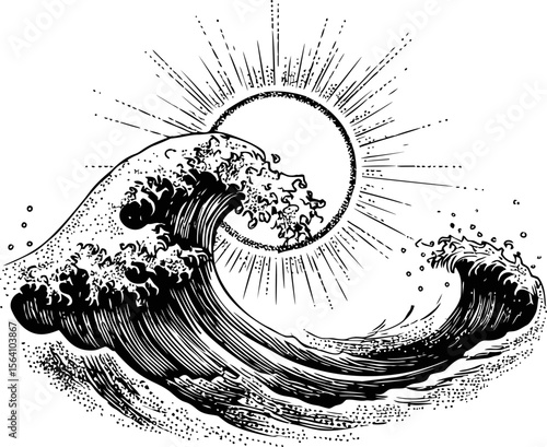 Vintage illustration of a large wave with the sun in the background. Vector illustration in sketch style