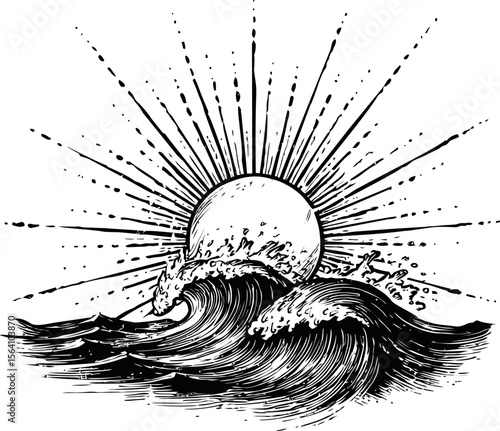 Sunrise with waves in black and white woodcut design, vintage style art. Vector illustration in sketch style