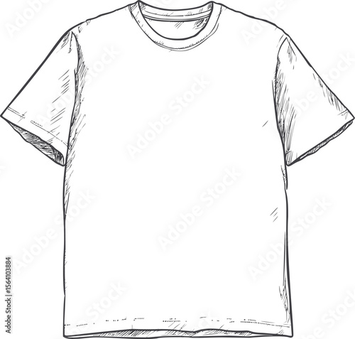 Outline drawing of a plain t-shirt with short sleeves in black and white sketch. Vector illustration