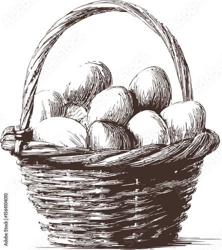 Sketched wicker basket filled with eggs in vintage brown. Vector illustration