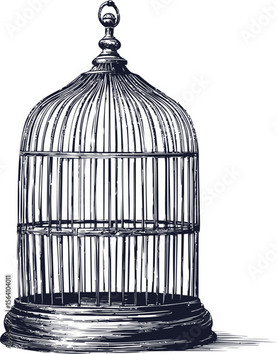 Empty vintage birdcage in detailed black and white. Vector illustration in sketch style