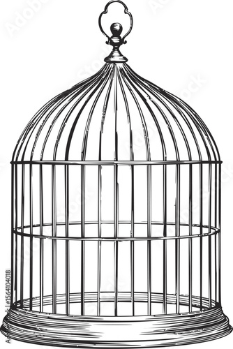 Illustration of an empty birdcage with a decorative handle, monochrome drawing. Vector illustration in sketch style