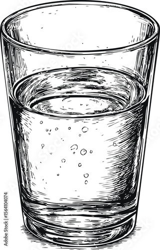 Illustration of a clear glass of water with bubbles in monochrome style. Vector illustration in sketch style