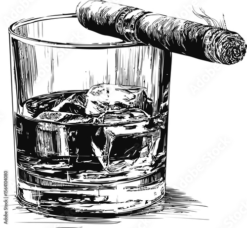 A detailed sketch of whiskey glass with ice and cigar on top in monochrome. Vector illustration