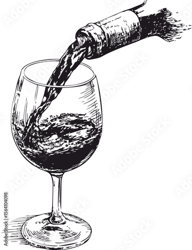 Wine being poured into a glass, black and white sketch. Vector illustration