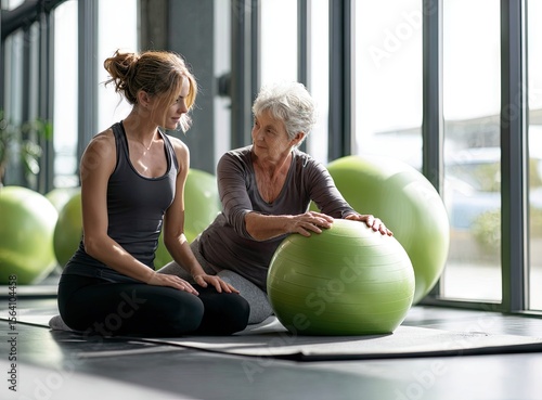 A young physical therapist assists an older woman with exercises using a large green exercise ball in a bright studio