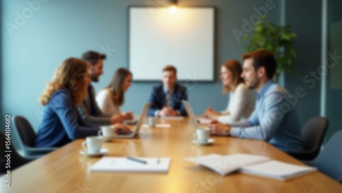 Group of diverse businesspeople collaborating at a meeting table in an office, discussing work with computers