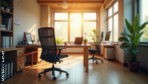 Modern home office interior with stylish furniture, a sleek wooden table, and a comfortable chair by a window, showcasing luxurious decor and architectural design