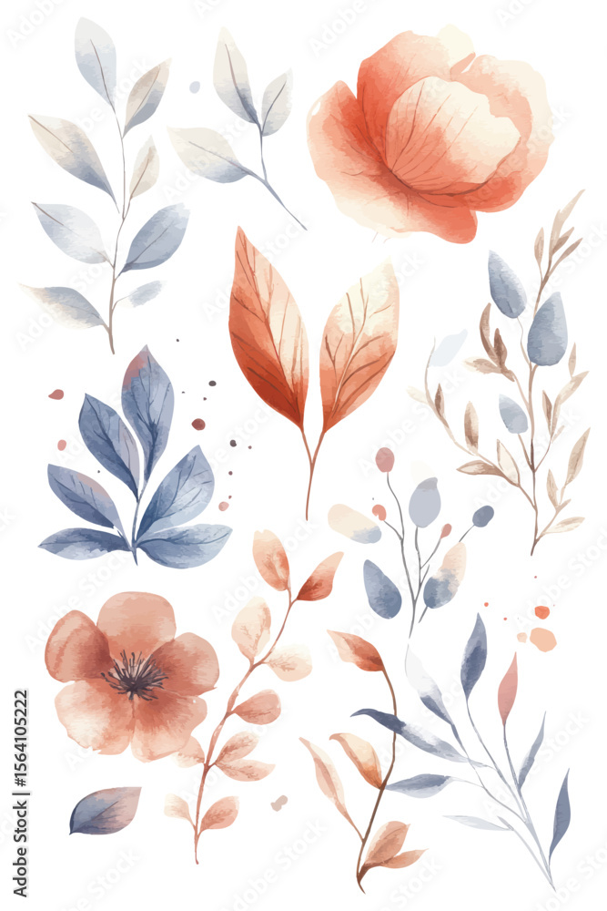 Obraz premium Watercolor botanical elements with orange blossoms and blue foliage for elegant designs