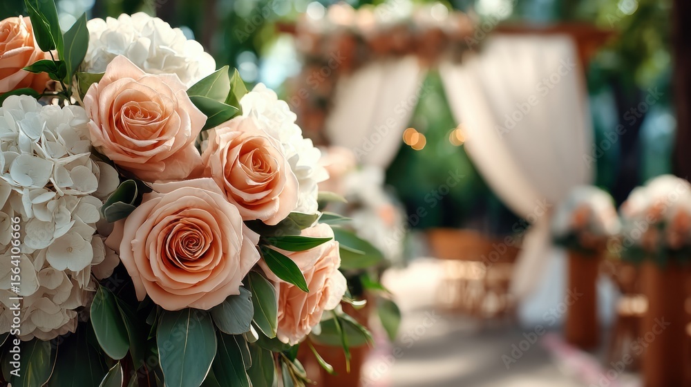 Obraz premium Elegant floral arrangement of roses and hydrangeas on a rustic wedding arch in a sunlit outdoor setting, perfect for romantic occasions.