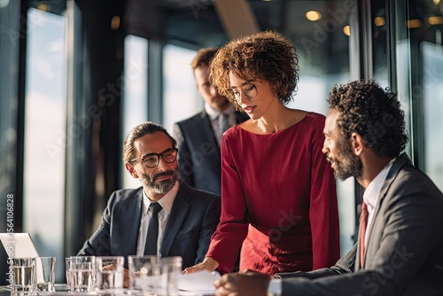 A diverse group of business professionals leans over documents on a table during a meeting in a modern, sunlit office