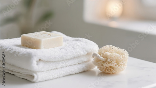 Spa day essential: soap, towels, and natural loofah for relaxation and self-care routines