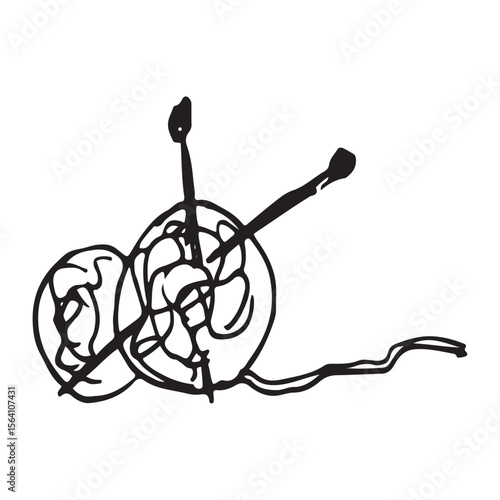 Hand-Drawn Yarn Balls with Knitting Needles Minimalist Line Art